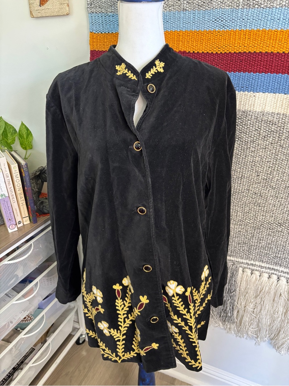 Orvis Black Velvet Cotton Jacket with Gold Floral Embroidery